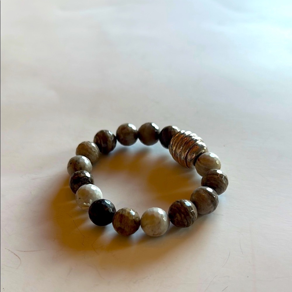 Brown and Silver Stone Beaded Stretch Bracelet